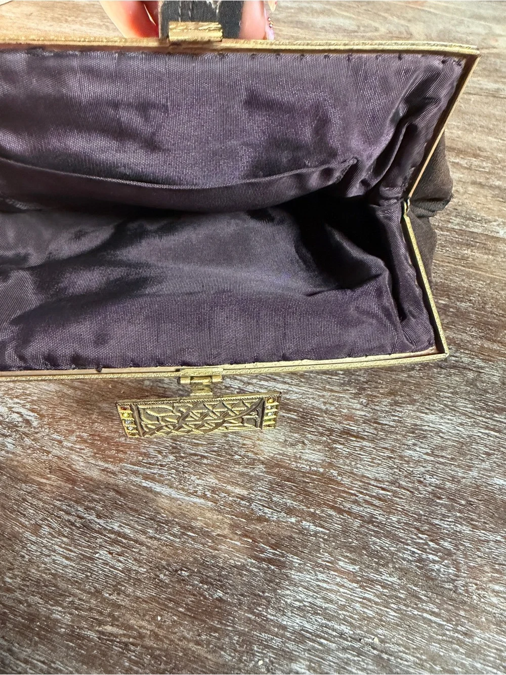 Vintage Brown Satin Evening Clutch Purse Gold Tone Jeweled Frame Art Deco Style